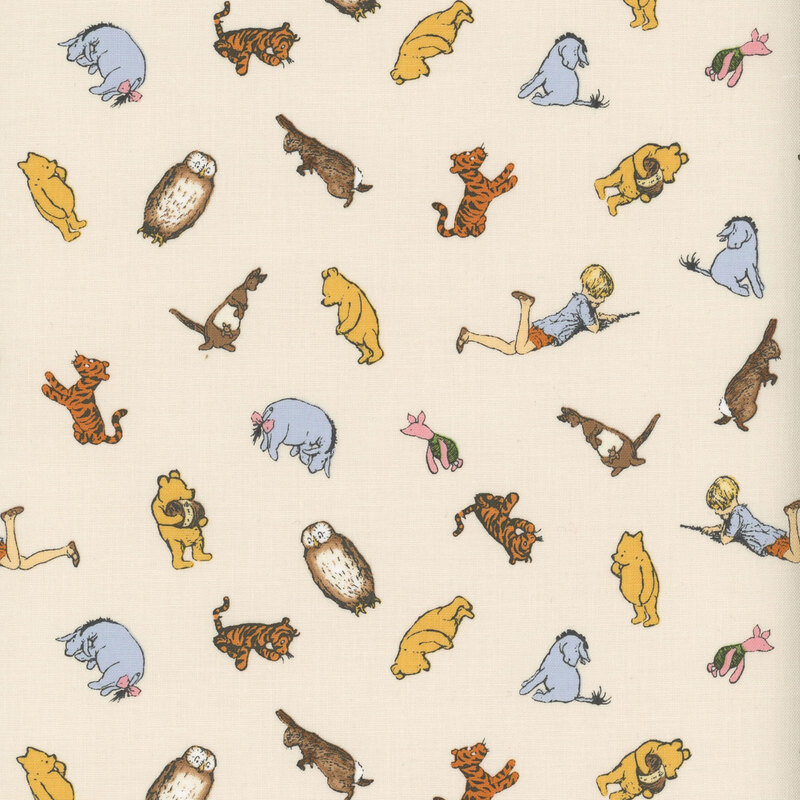 A cream fabric featuring tossed images of winnie the pooh, tigger, eeyore, Christopher Robin, roo, piglet, rabbit, owl, and kanga. 