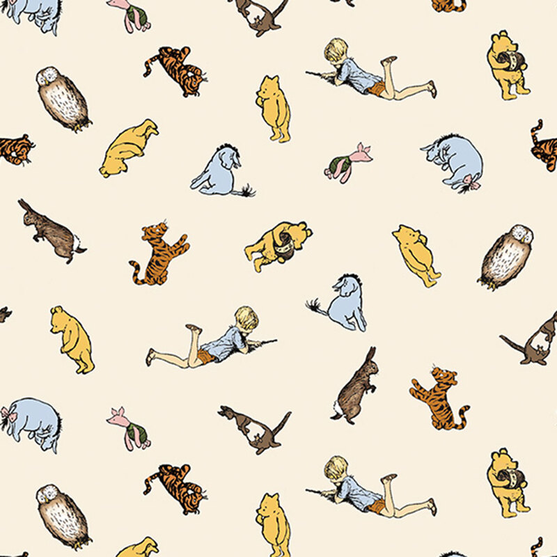 A seamless fabric pattern featuring various cartoon animals and a child in playful poses on a light background.