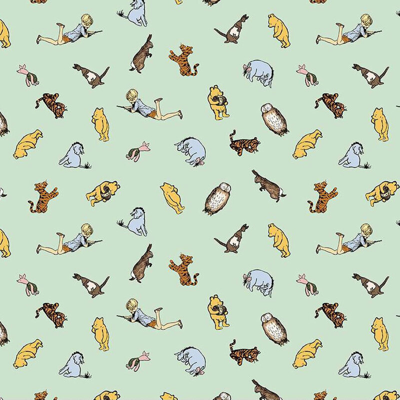 A playful pattern featuring children and various animals like cats, dogs, owls, and tigers on a green fabric.