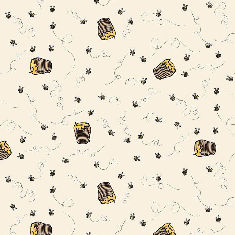 Pattern of honey jars and bees with curvy lines on a light beige fabric.