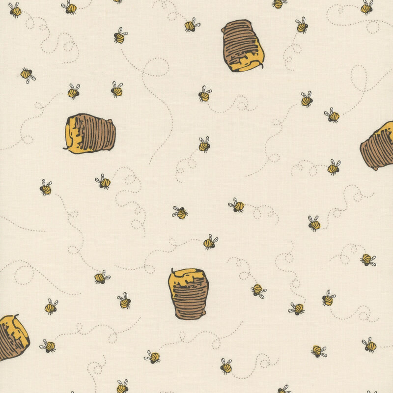 A cream fabric with honey jars and swirling honey bees.