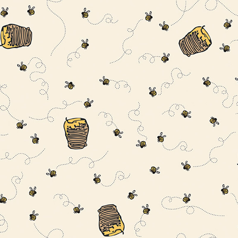 Pattern of honey jars and bees with curvy lines on a light beige fabric.