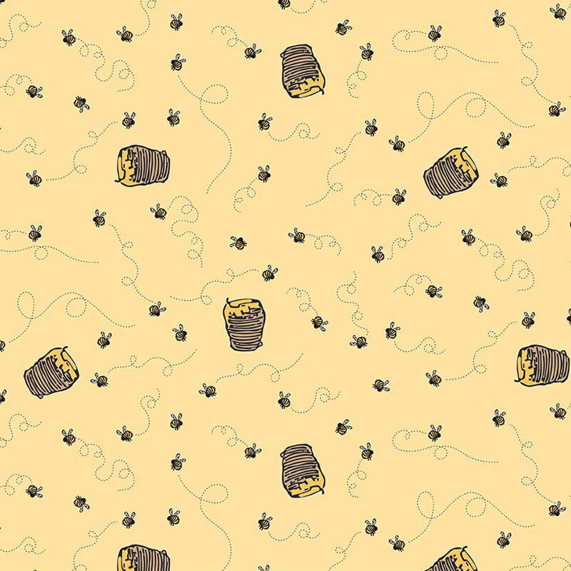 Repeating pattern of bees and jars with honey on a light yellow background.