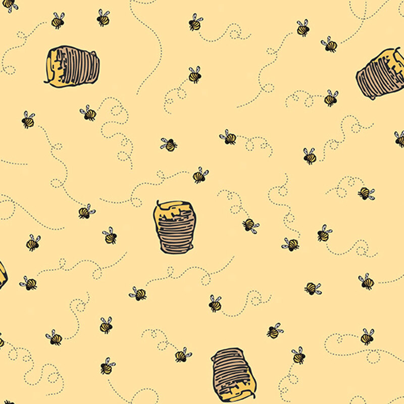 Repeating pattern of bees and jars with honey on a light yellow background.