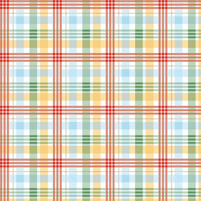 Colorful plaid fabric featuring red, green, yellow, and blue squares and lines.