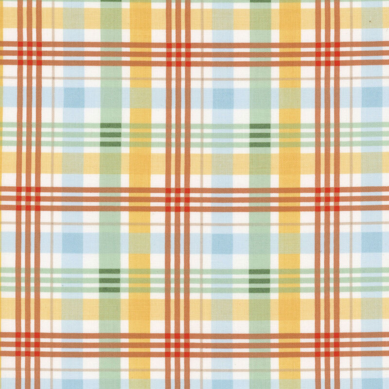 A multi-color plaid fabric featuring red, green, yellow, and blue. 