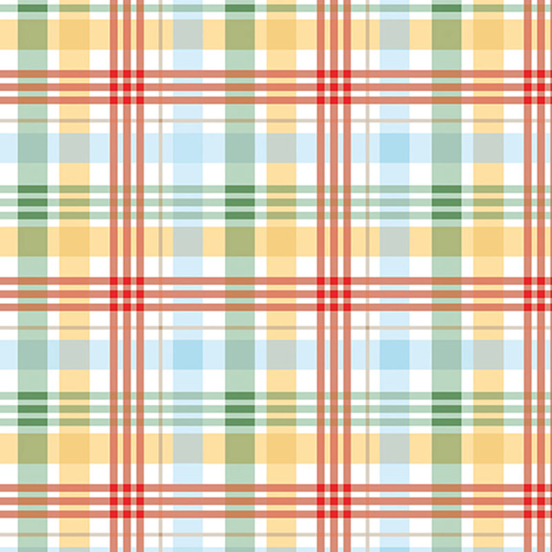Colorful plaid fabric featuring red, green, yellow, and blue squares and lines.