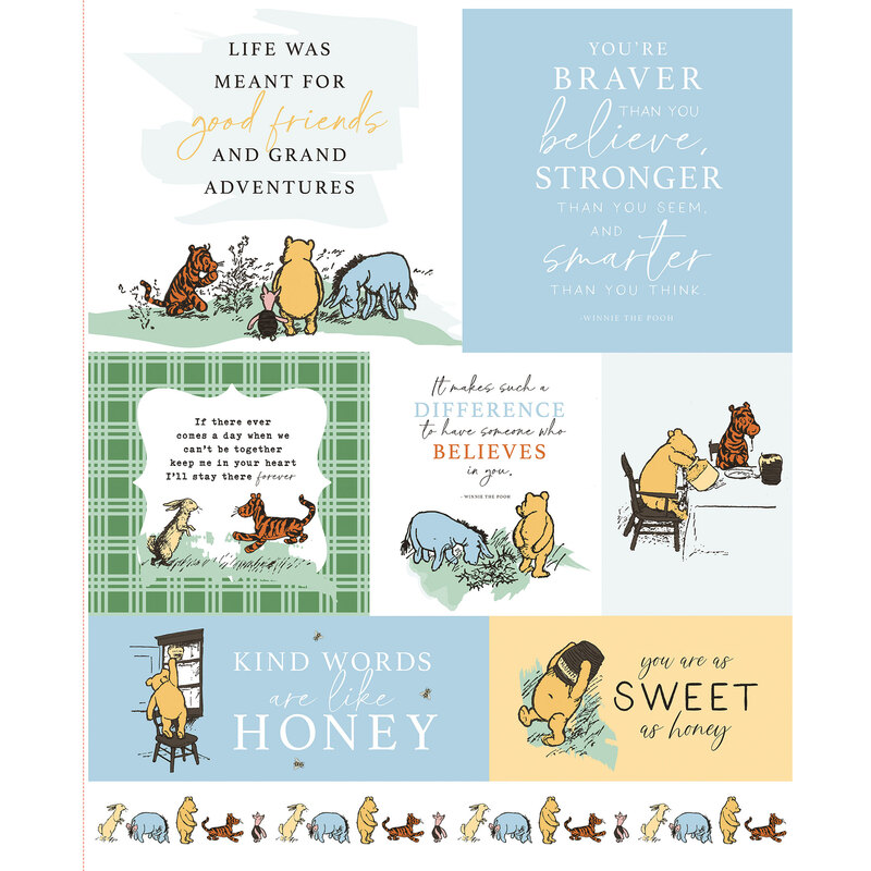 A fabric with a collage of inspirational illustrations and quotes about friendship, courage, and kindness.