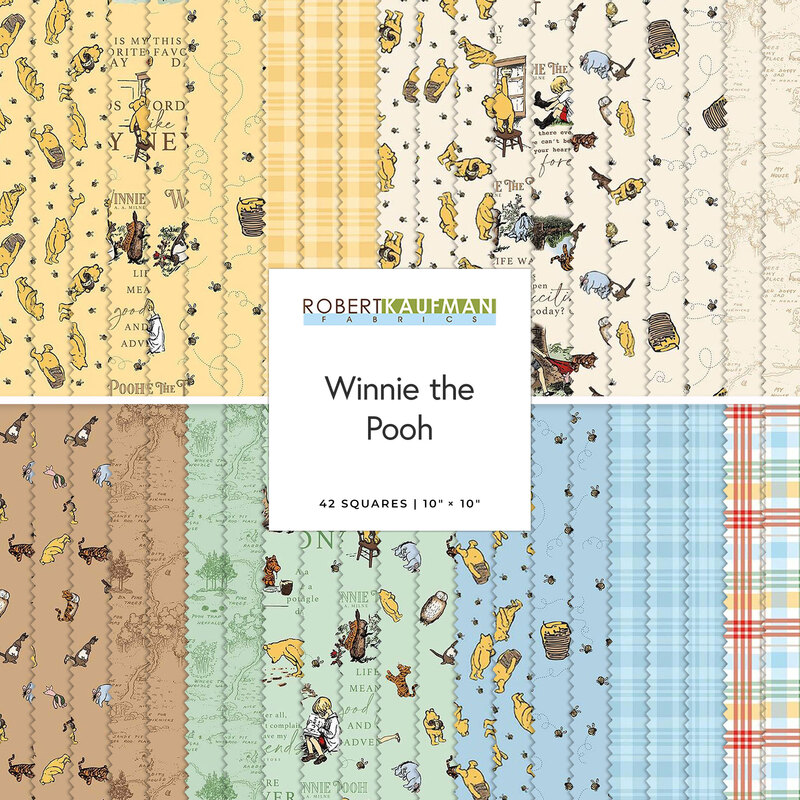 Winnie the Pooh fabric design featuring 42 squares with various patterns and characters in soft colors.