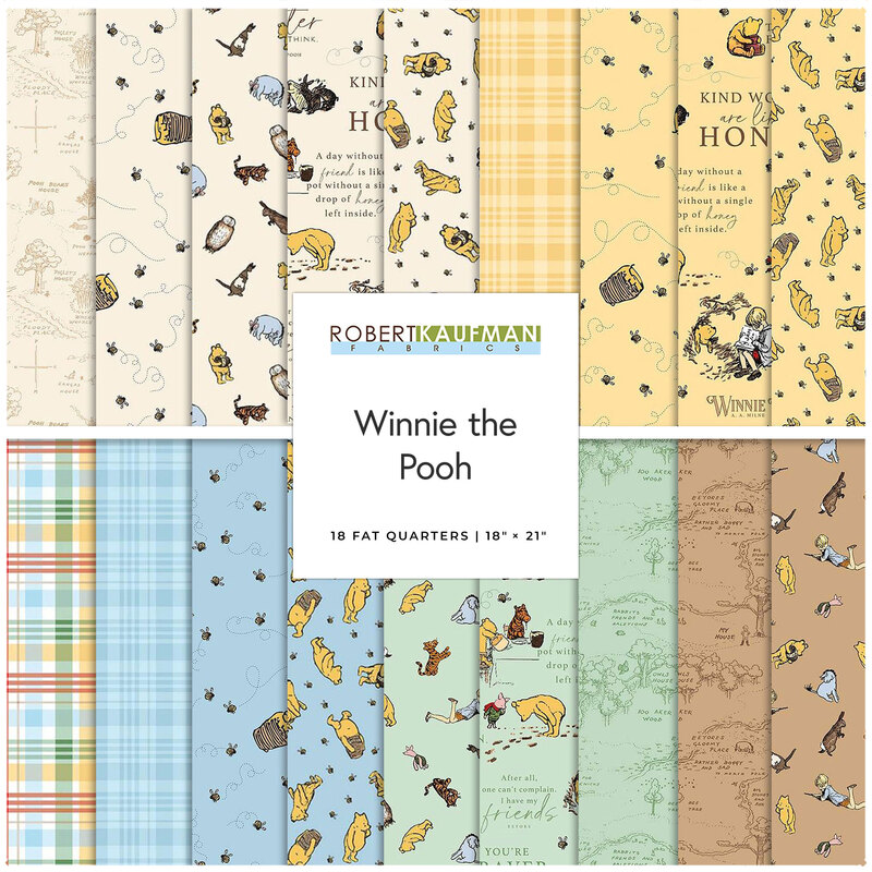 A collection of 18 fat quarters featuring various Winnie the Pooh-themed patterns and colors.