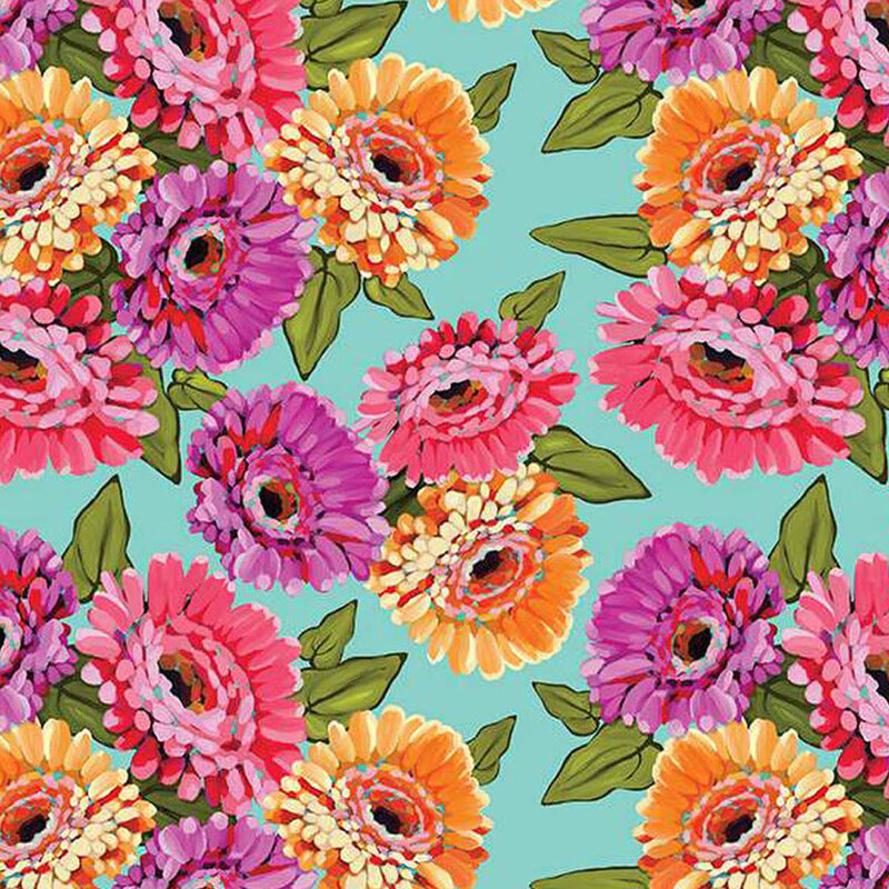 A vibrant floral pattern featuring purple, pink, orange, and yellow zinnia flowers on an aqua background.