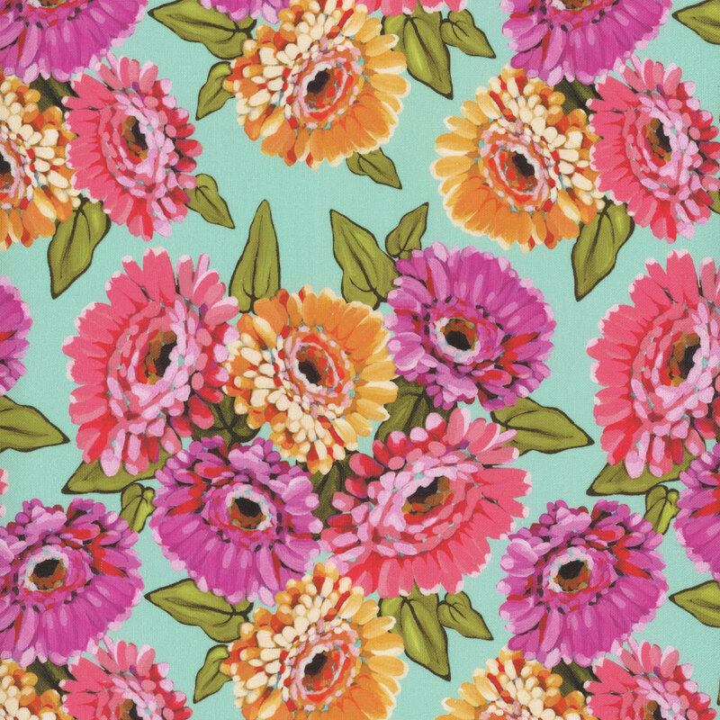 A vibrant floral pattern featuring purple, pink, orange, and yellow zinnia flowers on an aqua background.