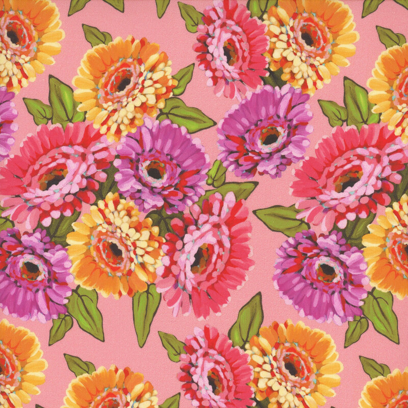 A vibrant floral pattern featuring purple, pink, and orange zinnia flowers on a pink background.