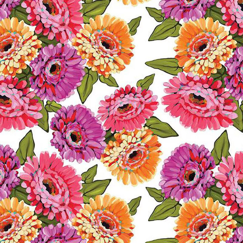 A vibrant floral pattern featuring purple, pink, and orange zinnia flowers on a white background.