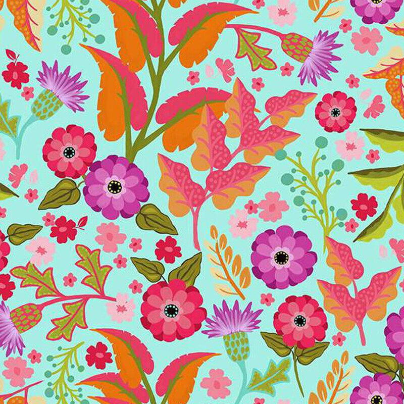 A vibrant floral pattern featuring colorful flowers and leaves on an aqua background.