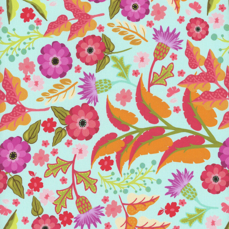A vibrant floral pattern featuring colorful flowers and leaves on an aqua background.