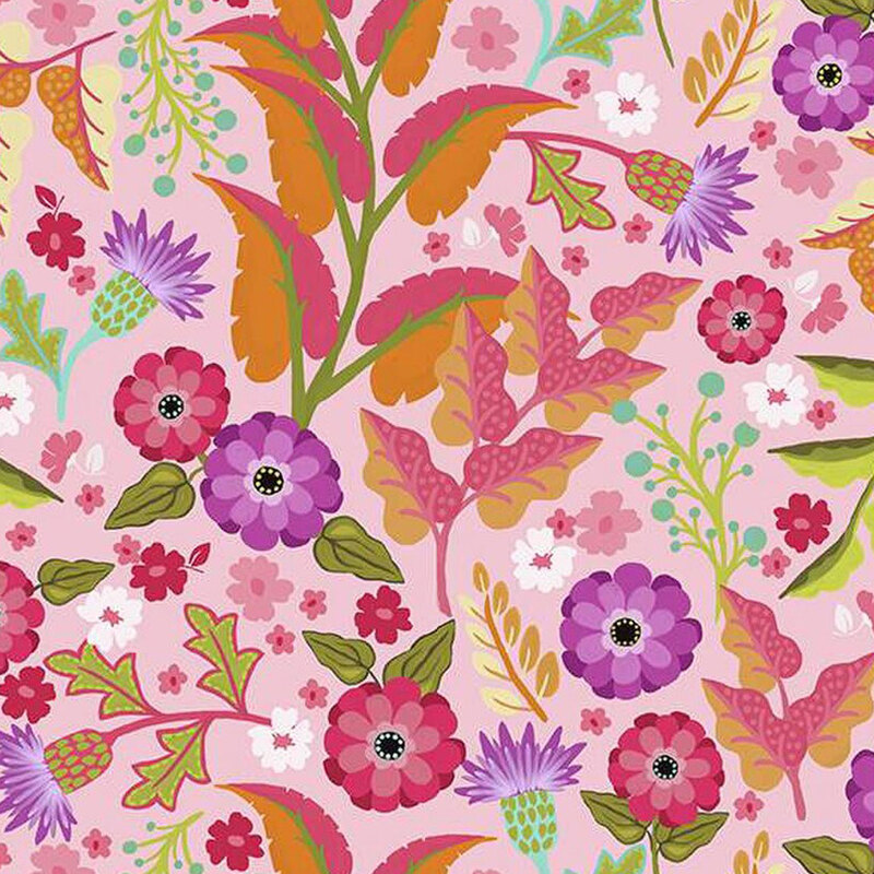 A vibrant floral pattern featuring colorful flowers and leaves on a pink background.