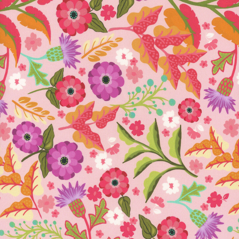 A vibrant floral pattern featuring colorful flowers and leaves on a pink background.