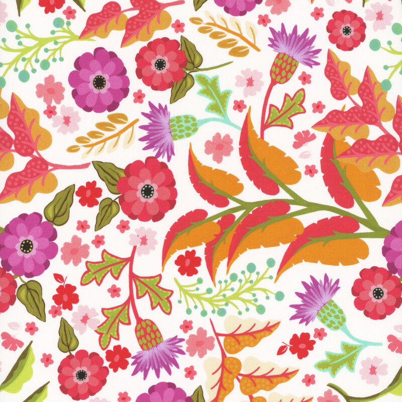 A vibrant floral pattern featuring colorful flowers and leaves on a white background.