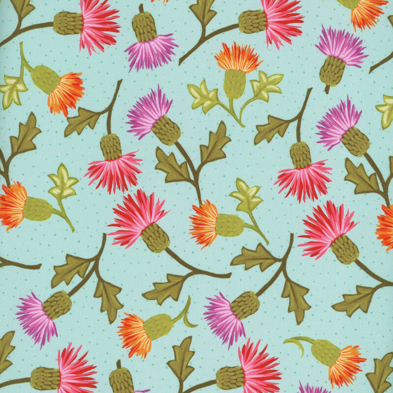 Aqua fabric with subtle dots tossed with purple, pink, and orange flowers 