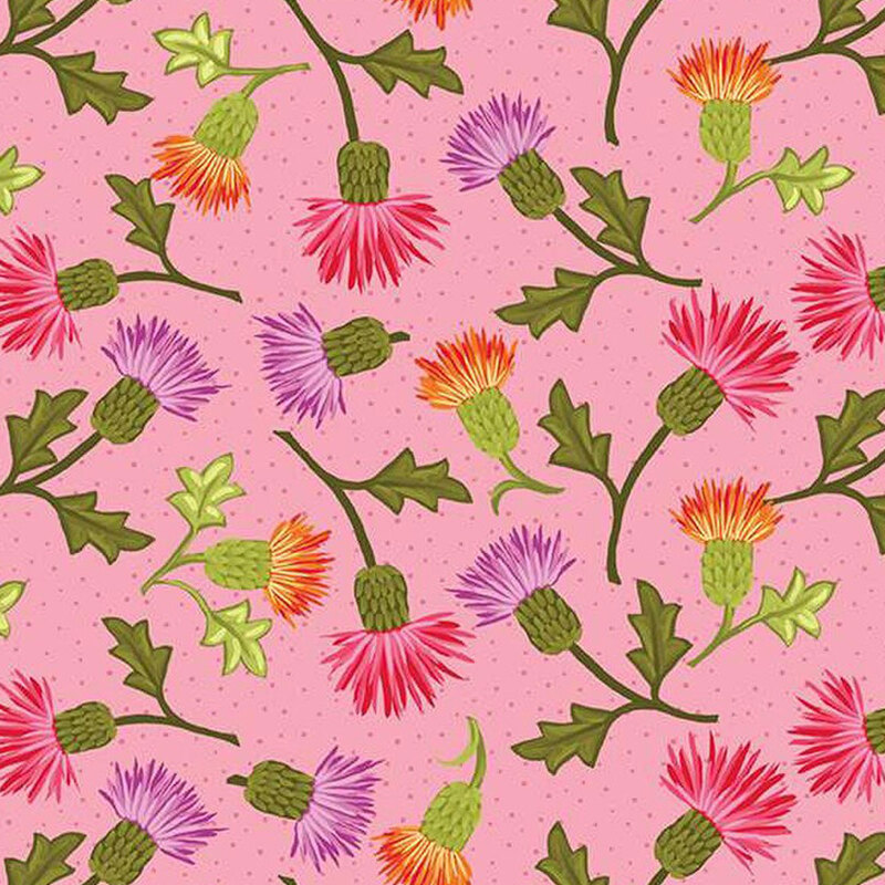 Pink fabric with subtle dots tossed with purple, pink, and orange flowers 