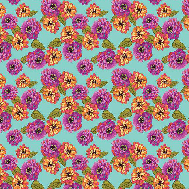 A colorful floral pattern with purple and orange zinnia flowers against an aqua background.