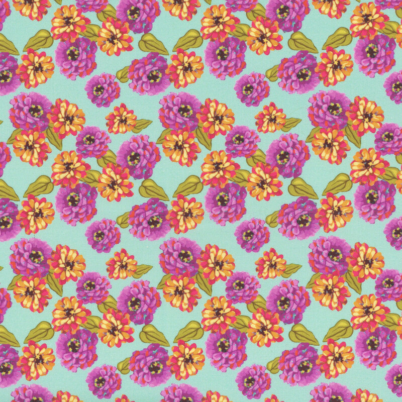 A colorful floral pattern with purple and orange zinnia flowers against an aqua background.
