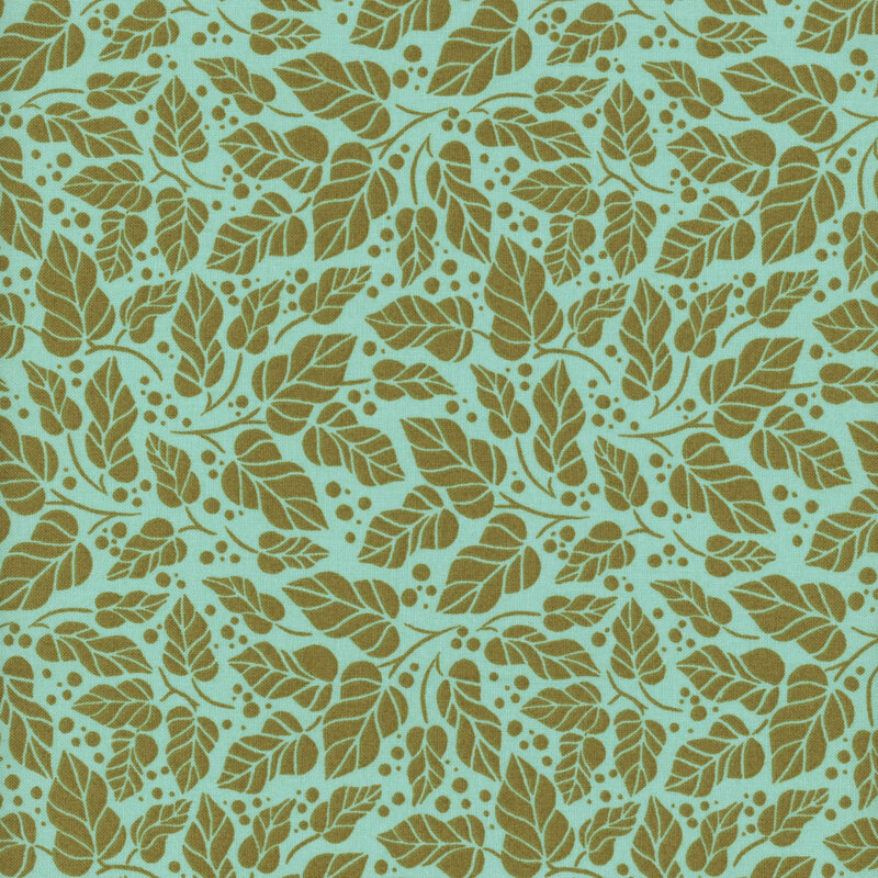 A pattern of green leaves and dots on an aqua background.