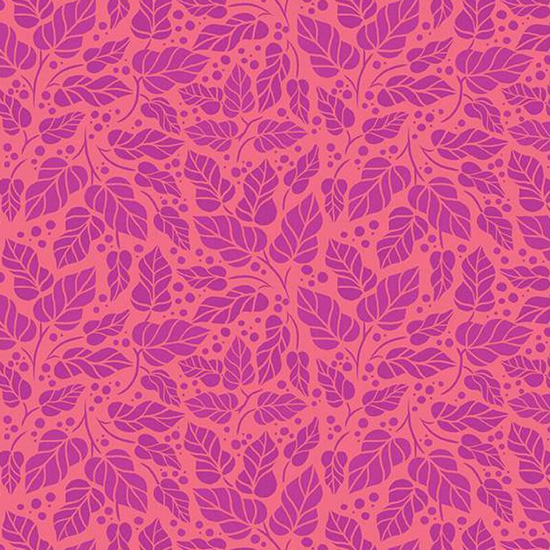 A pattern of purple leaves and dots on a coral pink background.