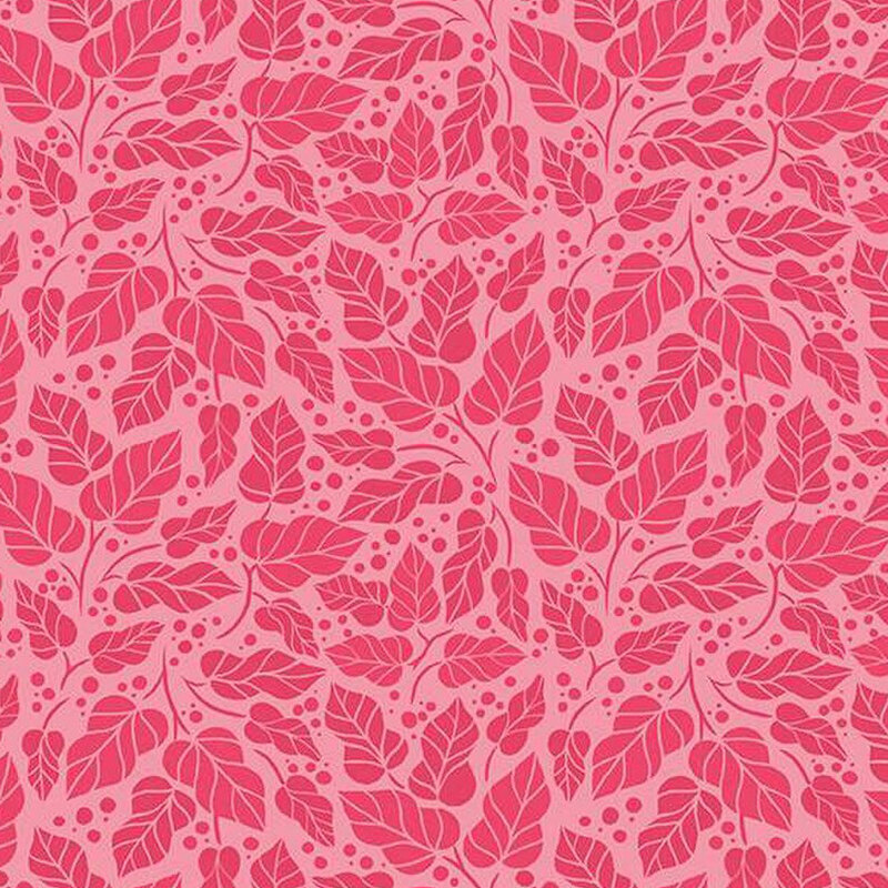 A pattern of hot pink leaves and dots on a light pink background.