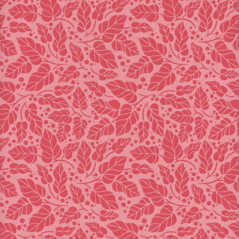 A pattern of hot pink leaves and dots on a light pink background.