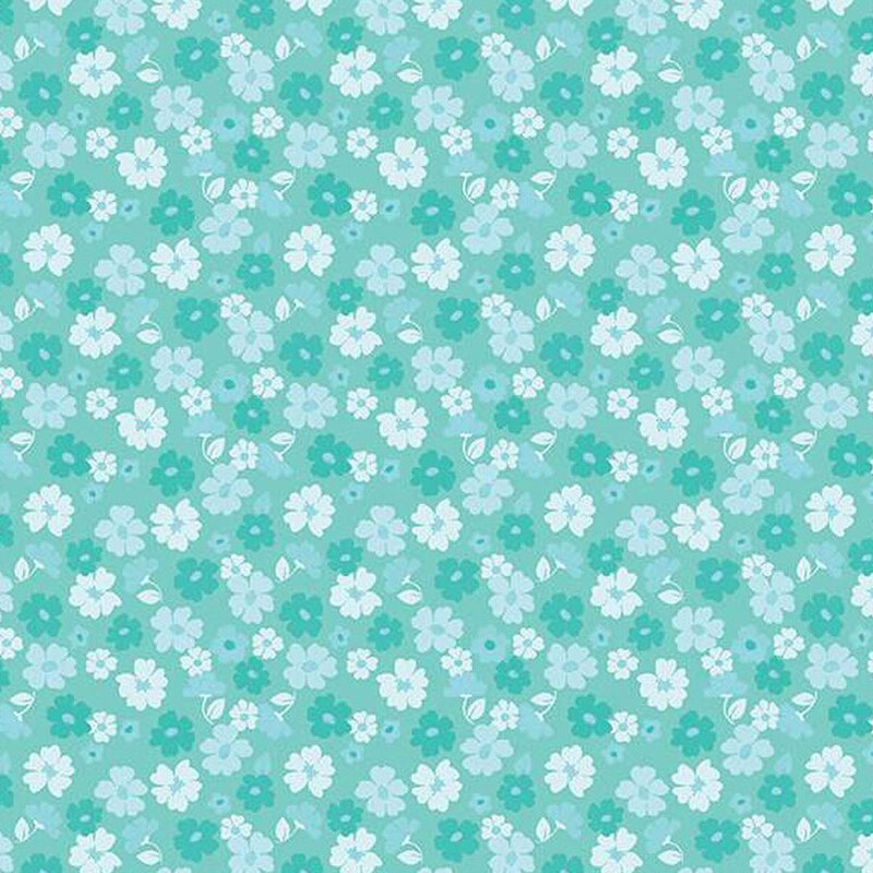 A repeating pattern of small flowers in shades of blue, teal and white on an aqua background.