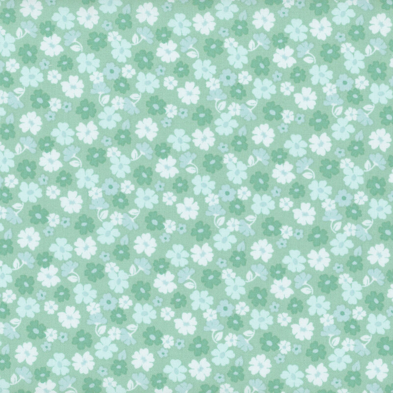 A repeating pattern of small flowers in shades of blue, teal and white on an aqua background.