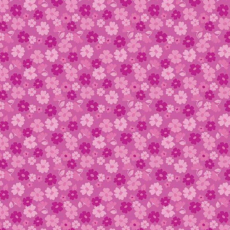 A repeating pattern of small flowers in shades of purple on a purple background.