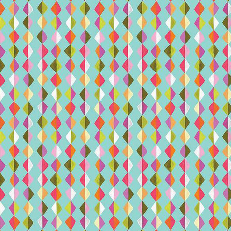 Colorful geometric pattern featuring alternating diamonds in shades of pink, green, orange, and blue on an aqua background