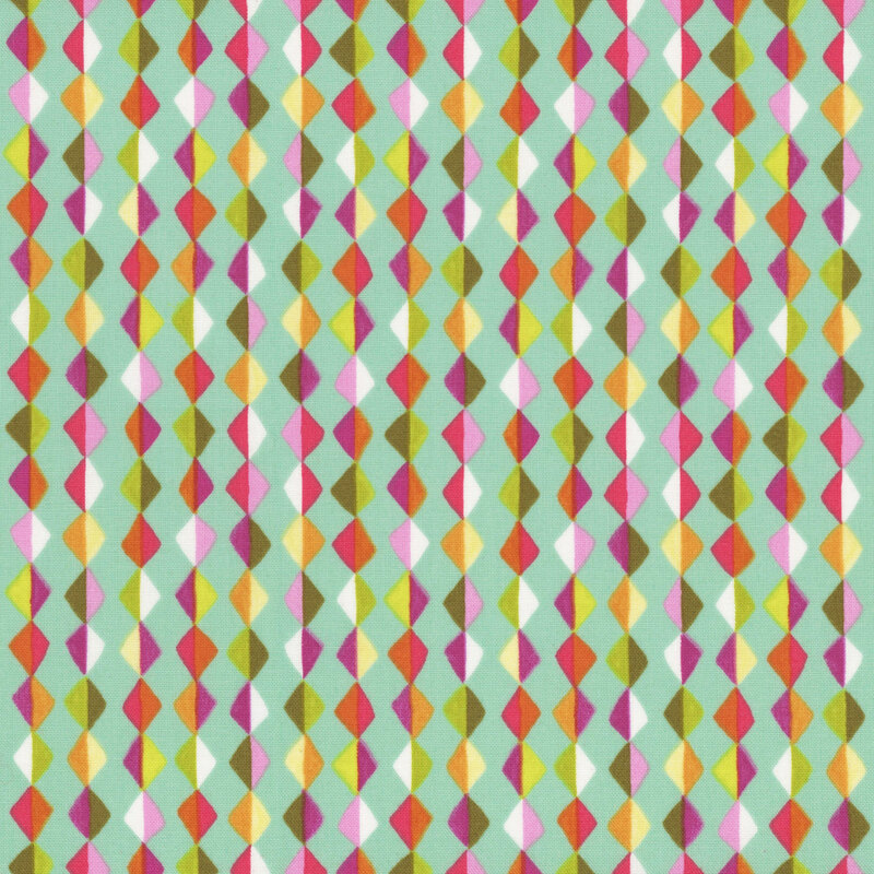 Colorful geometric pattern featuring alternating diamonds in shades of pink, green, orange, and blue on an aqua background