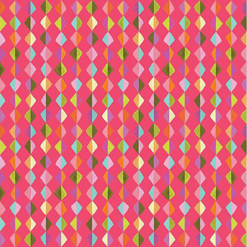 Colorful geometric pattern featuring alternating diamonds in shades of pink, green, orange, and blue on a hot pink background