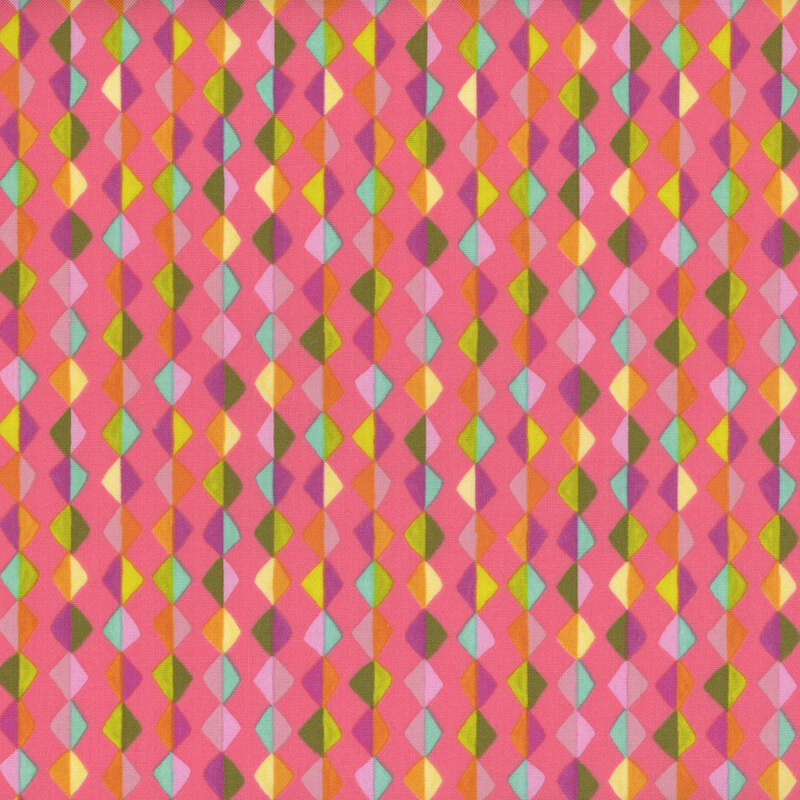 Colorful geometric pattern featuring alternating diamonds in shades of pink, green, orange, and blue on a hot pink background