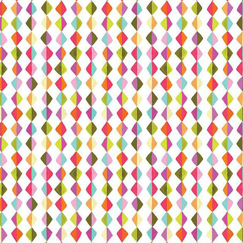 Colorful geometric pattern featuring alternating diamonds in shades of pink, green, orange, and blue on a white background