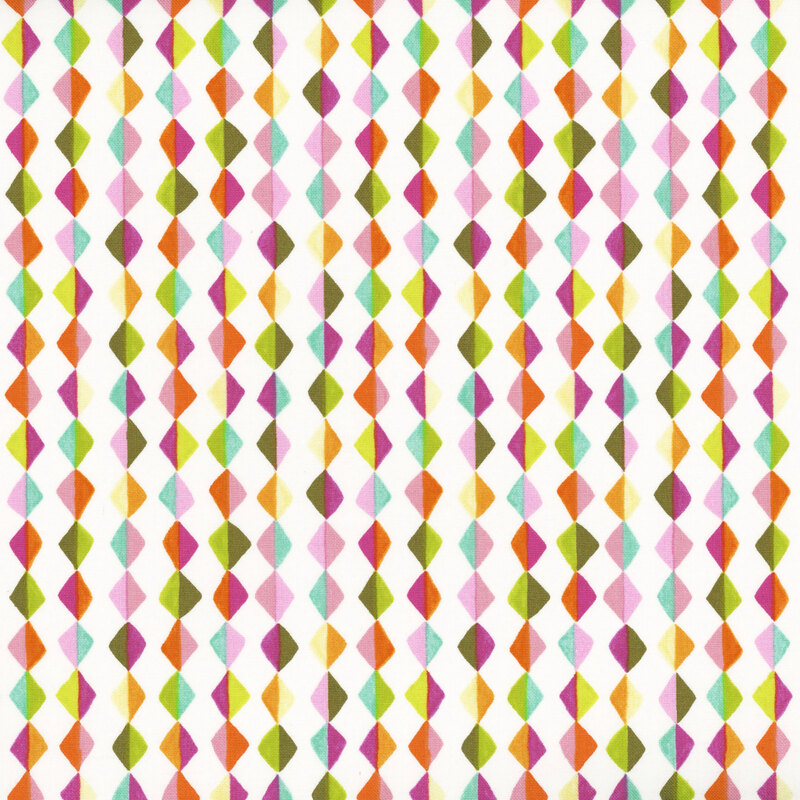 Colorful geometric pattern featuring alternating diamonds in shades of pink, green, orange, and blue on a white background