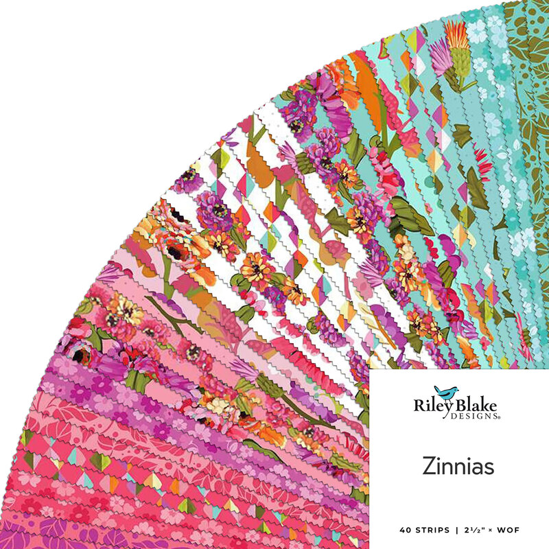 A collage of colorful fabrics in the Zinnias Jelly Roll featuring floral designs.