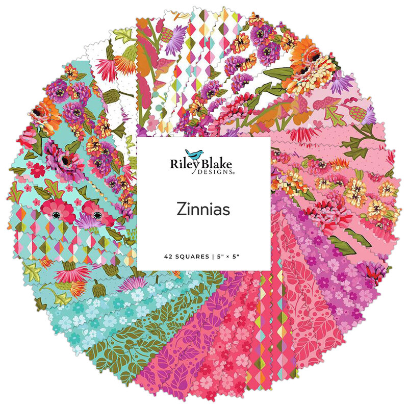 A collage of colorful fabrics in the Zinnias Charm Pack featuring floral designs