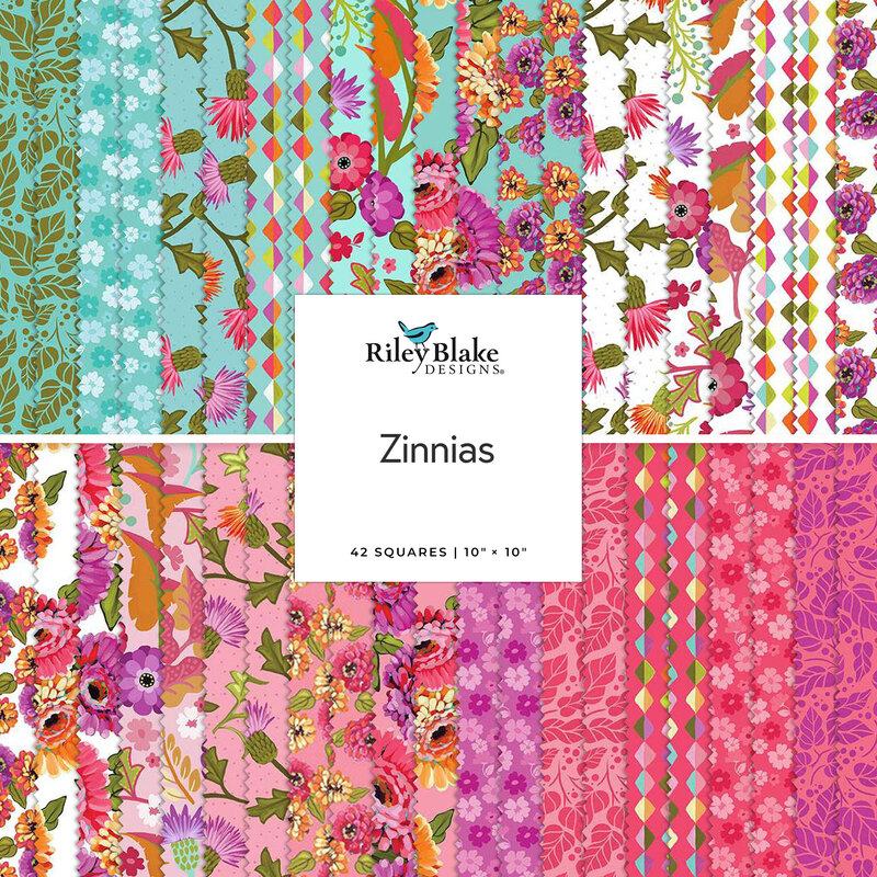 A collage of colorful fabrics in the Zinnias Layer Cake featuring floral designs