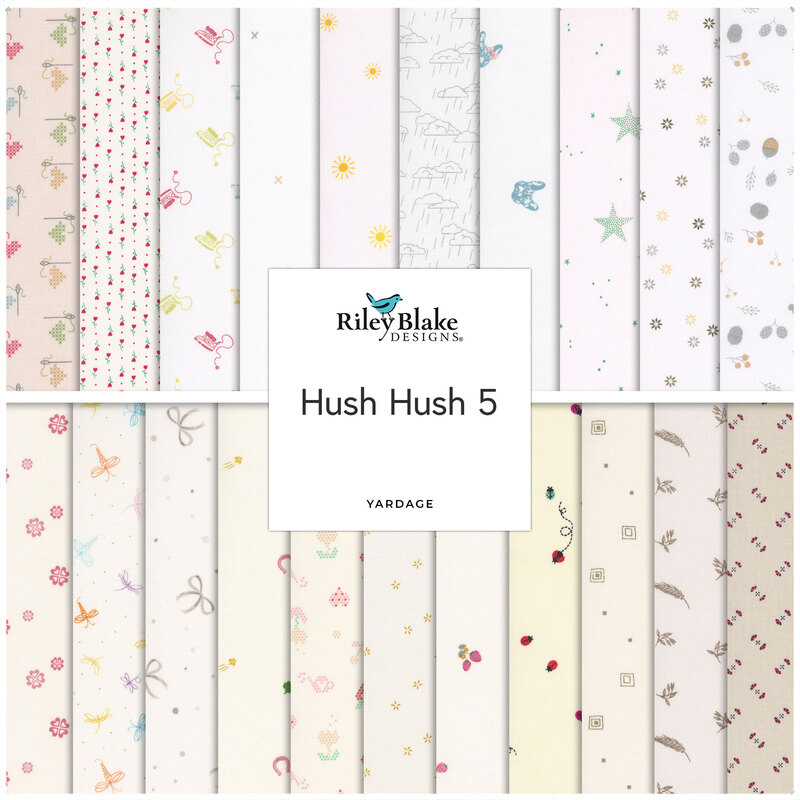 A stacked collage of the simple, neutral fabrics included in the Hush Hush 5 collection.