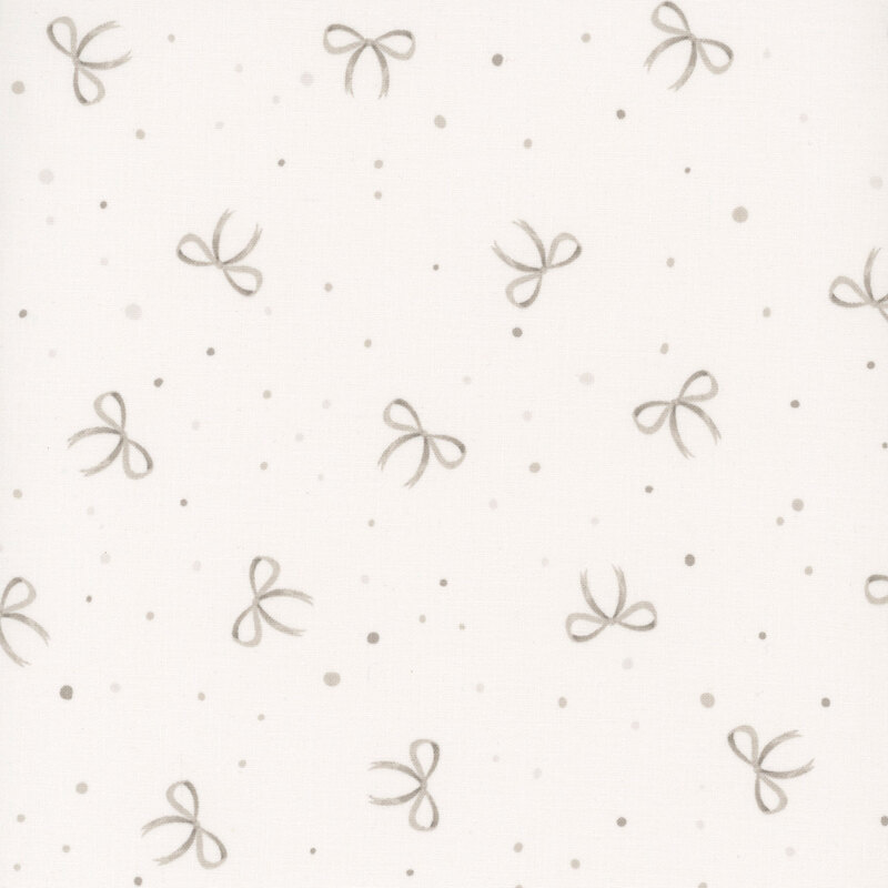 Very light gray fabric with tossed bows and polka dots.