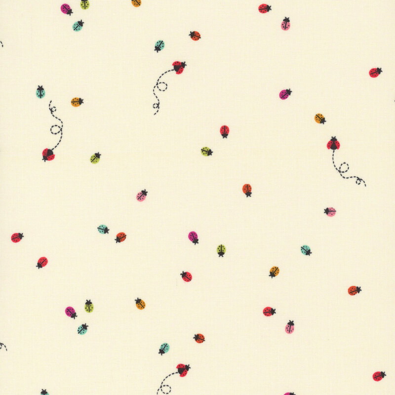 Multicolor buzzing ladybugs scattered across a cream background.