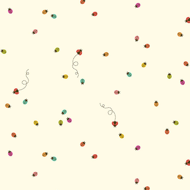 Multicolor buzzing ladybugs scattered across a cream background.