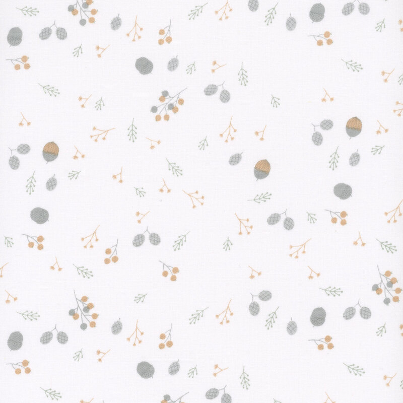 Tossed acorns, berries, and twigs on an off white background.