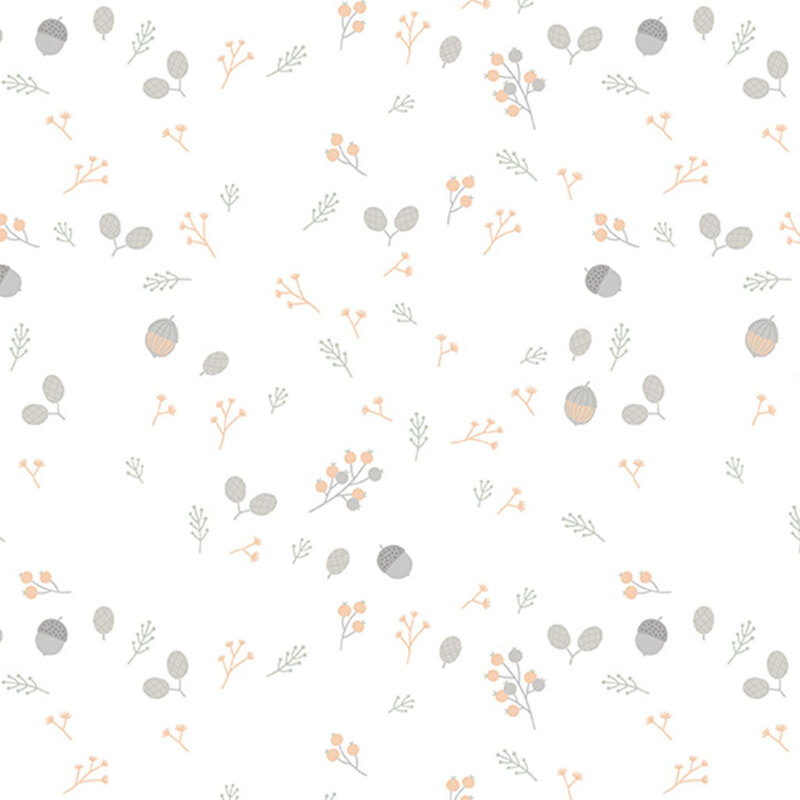 Tossed acorns, berries, and twigs on a white background.