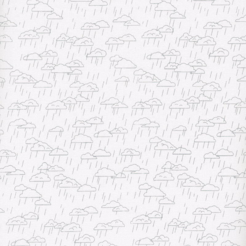 Outlined clouds with falling rain on a gray background.